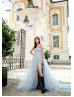 Off Shoulder Gray Blue Satin Tulle Slit Wedding Dress